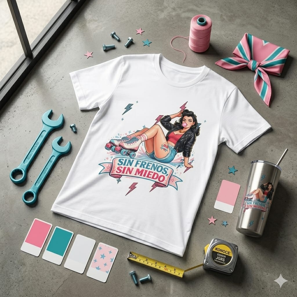 Camiseta de Patinaje Artístico para Mujer                                      - Diseño Pin Up                            "Sin Freno, Sin Miedo"