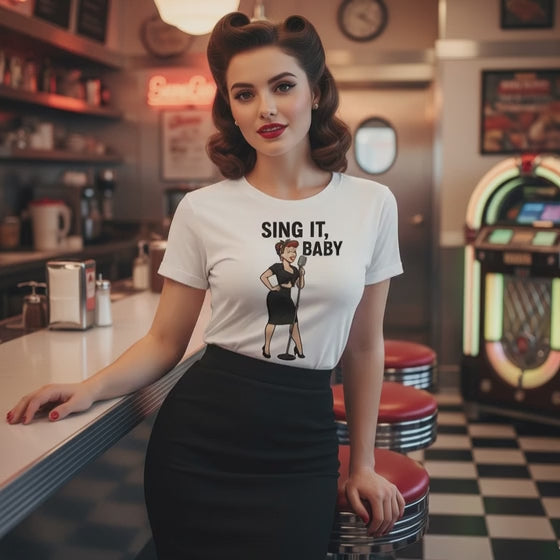 Camiseta de Música para Mujer - Diseño Vintage Pin Up            "Sing It, Baby"