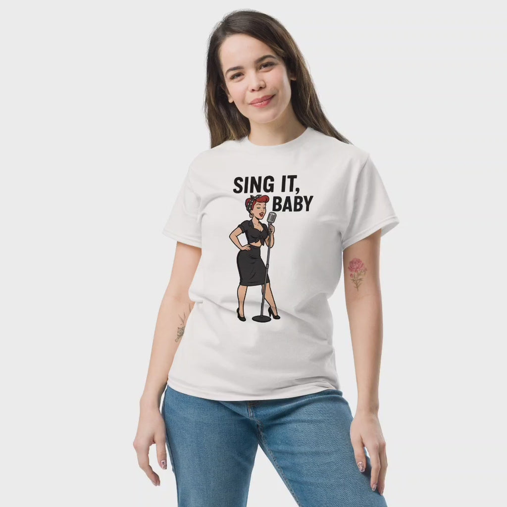 Camiseta de Música para Mujer - Diseño Vintage Pin Up            "Sing It, Baby"
