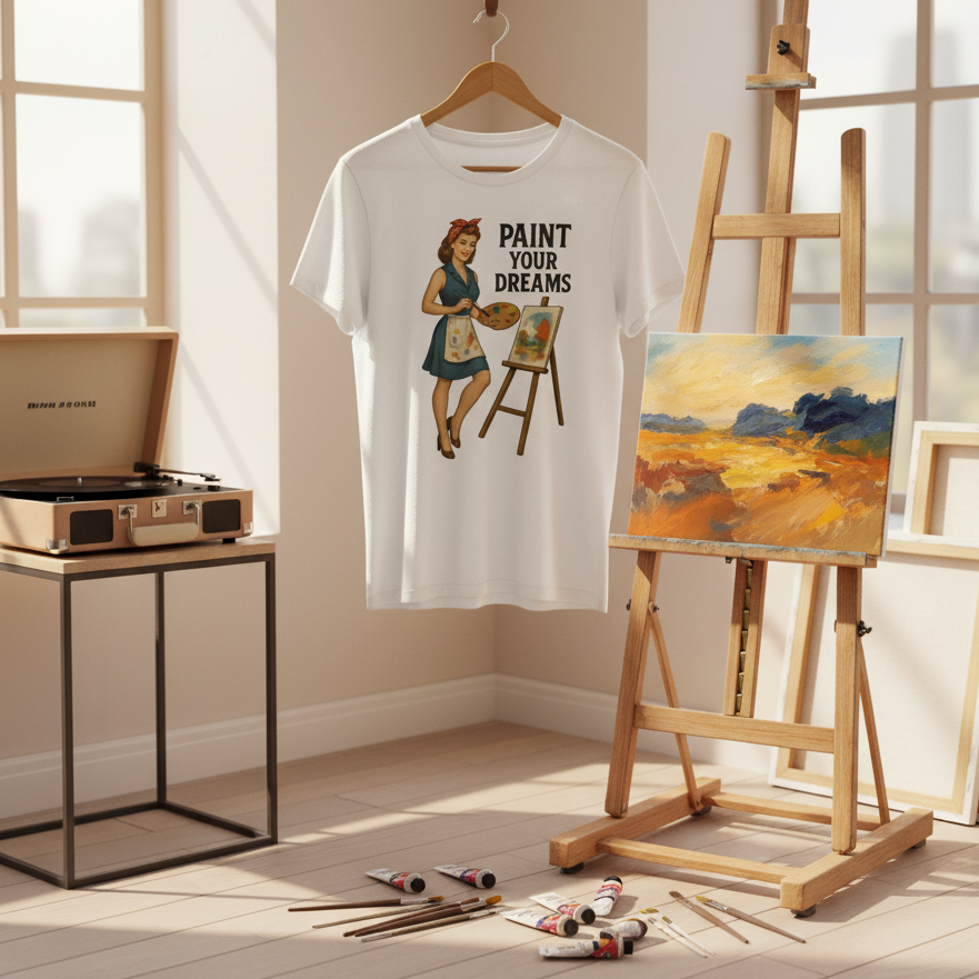 Camiseta larga de Artista para Mujer - Diseño Vintage Pin Up "Paint Your Dreams"