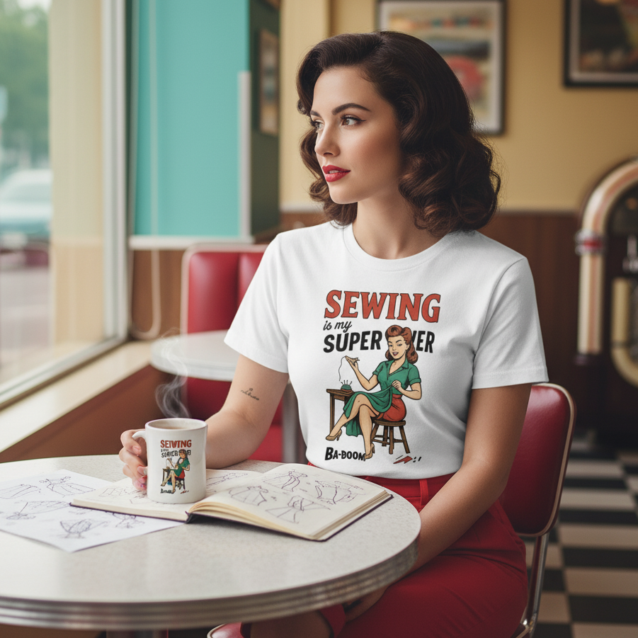 Camiseta larga de Costura para Mujer - Diseño Vintage      "Sewing is my superpower"