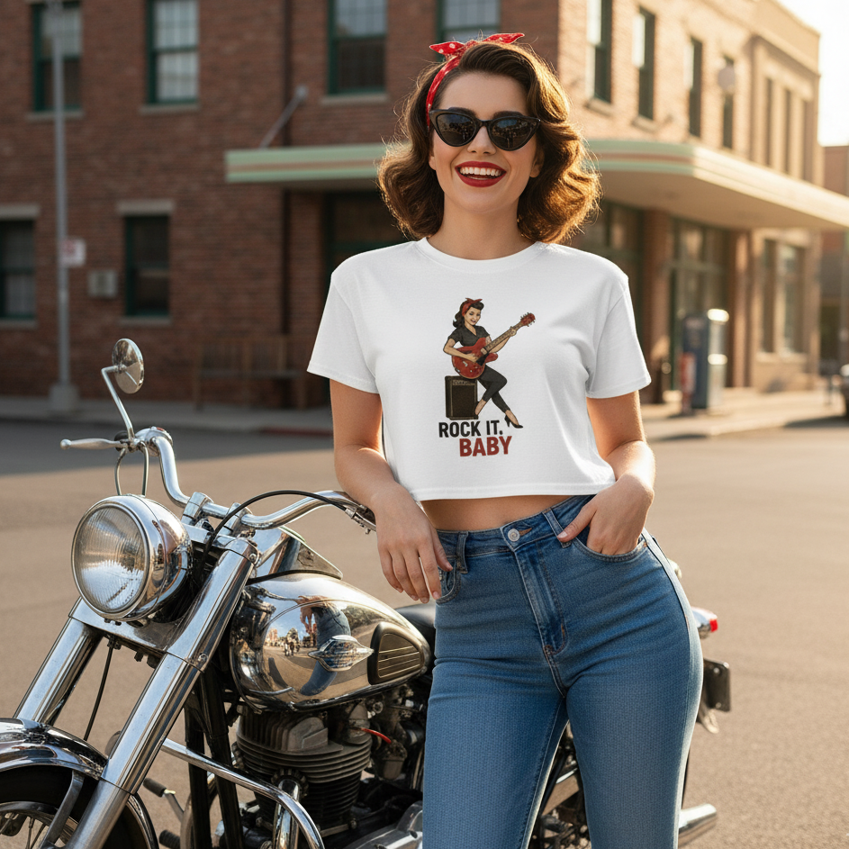 Crop Top Rockera para Mujer - Camiseta Corta Retro Pin Up "Rock It, Baby"