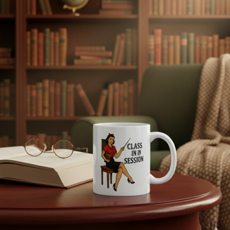 Taza de Cerámica para Profesora - Diseño Pin Up                       "Class in Session"