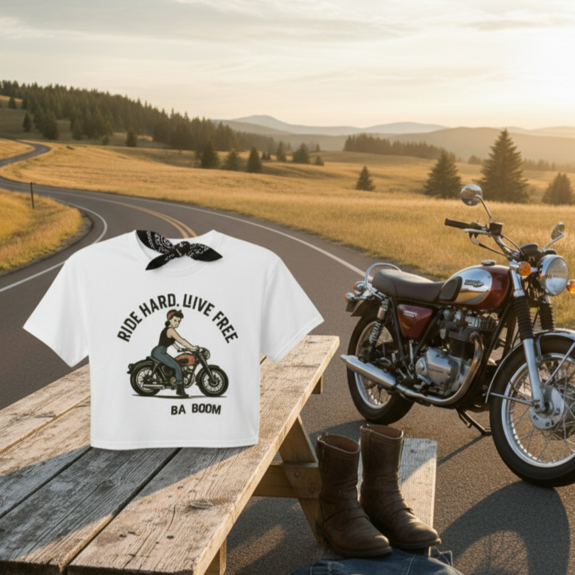 Camiseta corta/Crop top "Ride Hard Live Free"