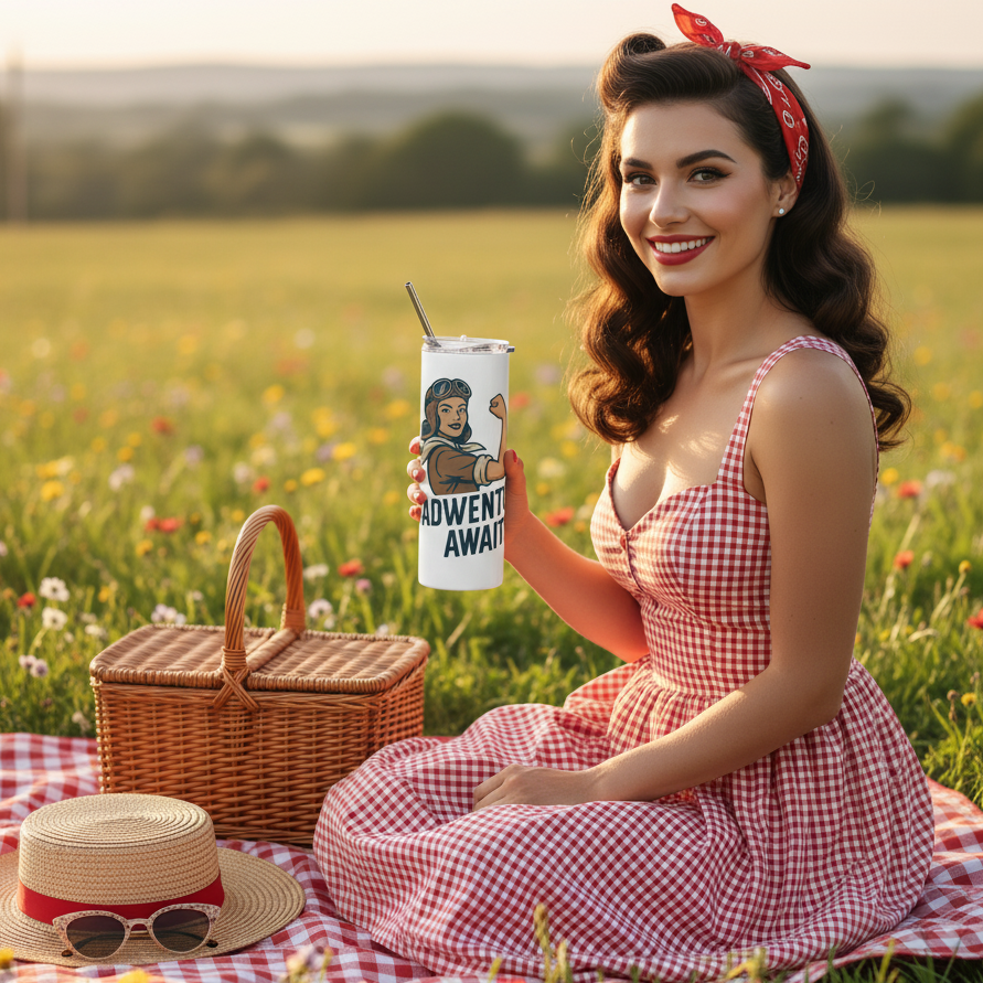 Vaso de Acero Inoxidable Aviadora - Botella Térmica Pin Up "Adventure Awaits"