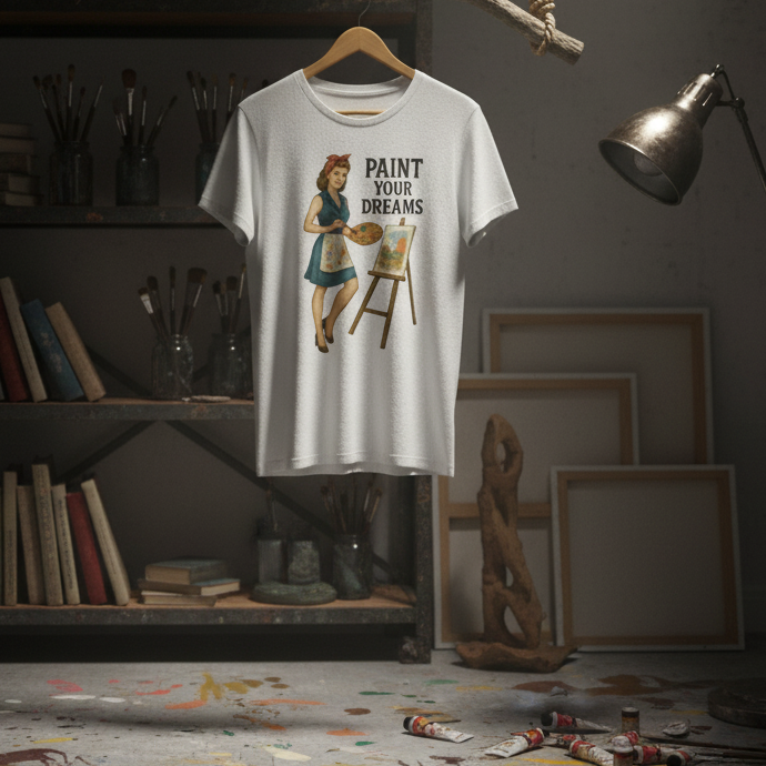 Camiseta larga de Artista para Mujer - Diseño Vintage Pin Up "Paint Your Dreams"